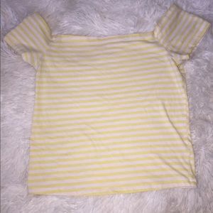 Yellow and white stripped off the shoulder shirt